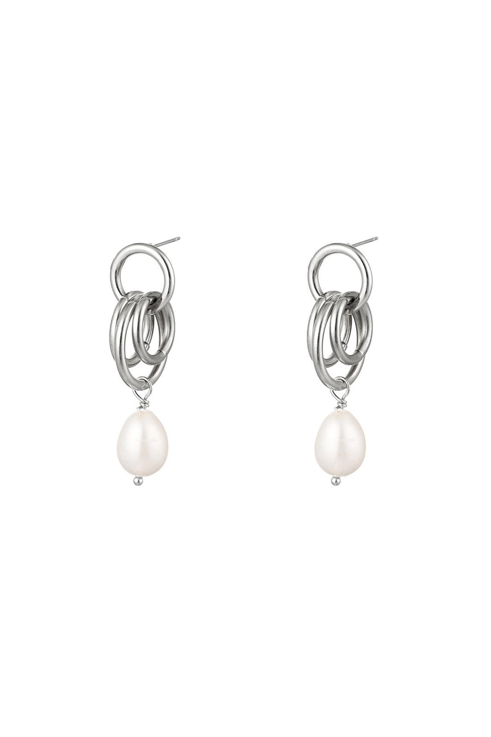 Earrings dangling hoops with pearl Silver Color Stainless Steel 