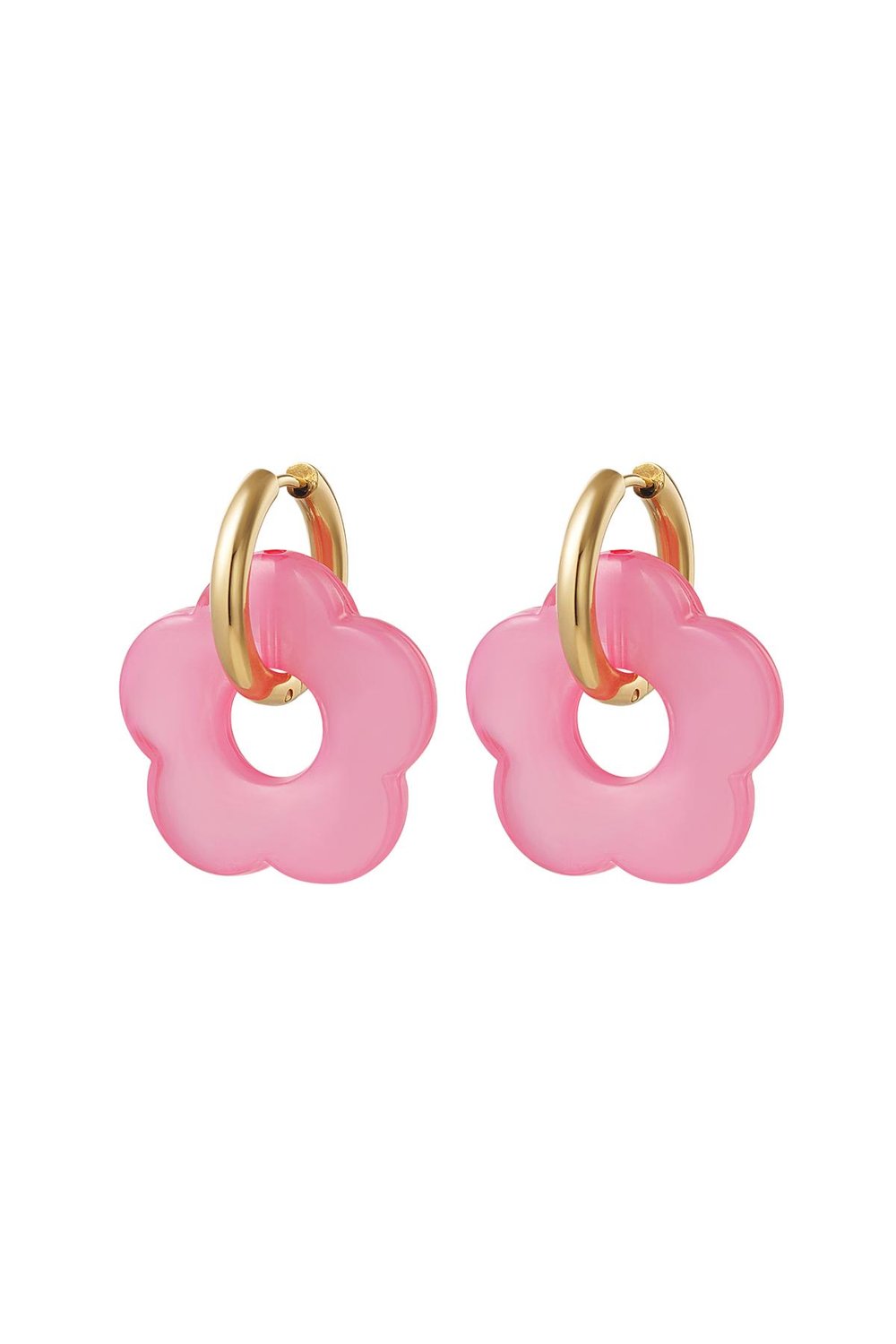 Earrings with big flower charm Pink & Gold Color Stainless Steel 