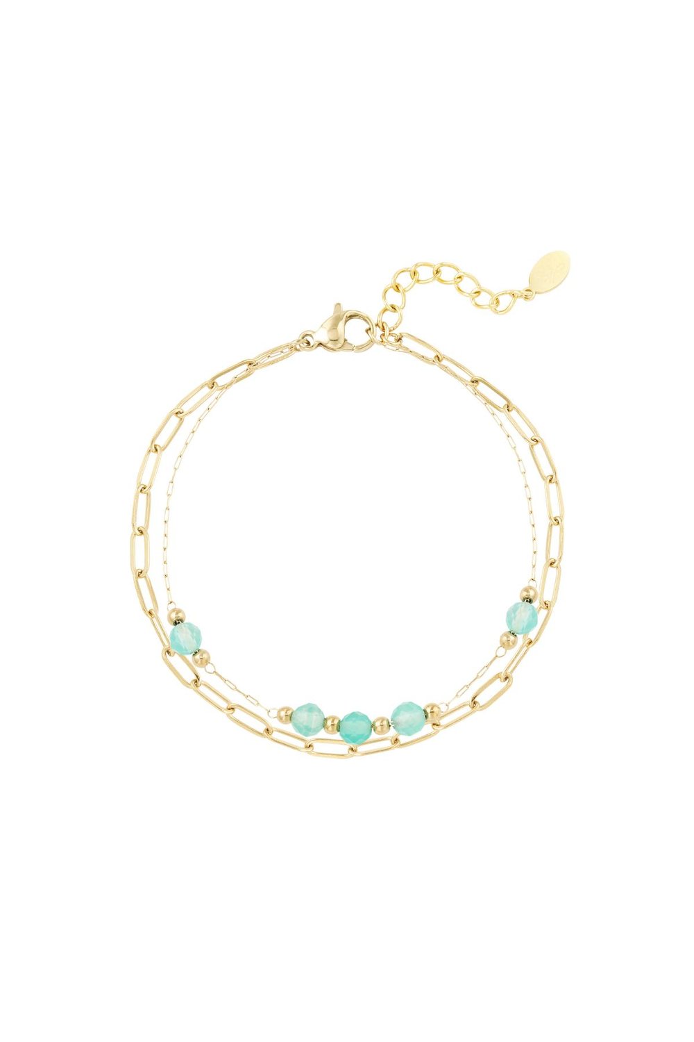 Double bracelet links/round beads - Natural stones collection Green & Gold Color Stainless Steel (Pack with plastic bag) 