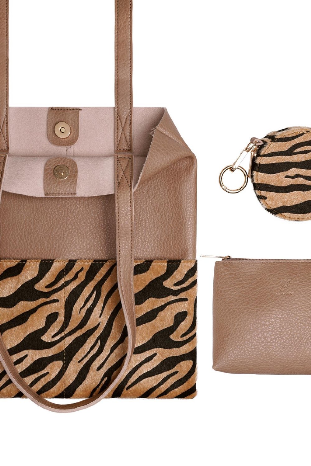 Sac cabas en PU en demi-imprimé zèbre avec petites pochettes Beige Polyuréthane Image5