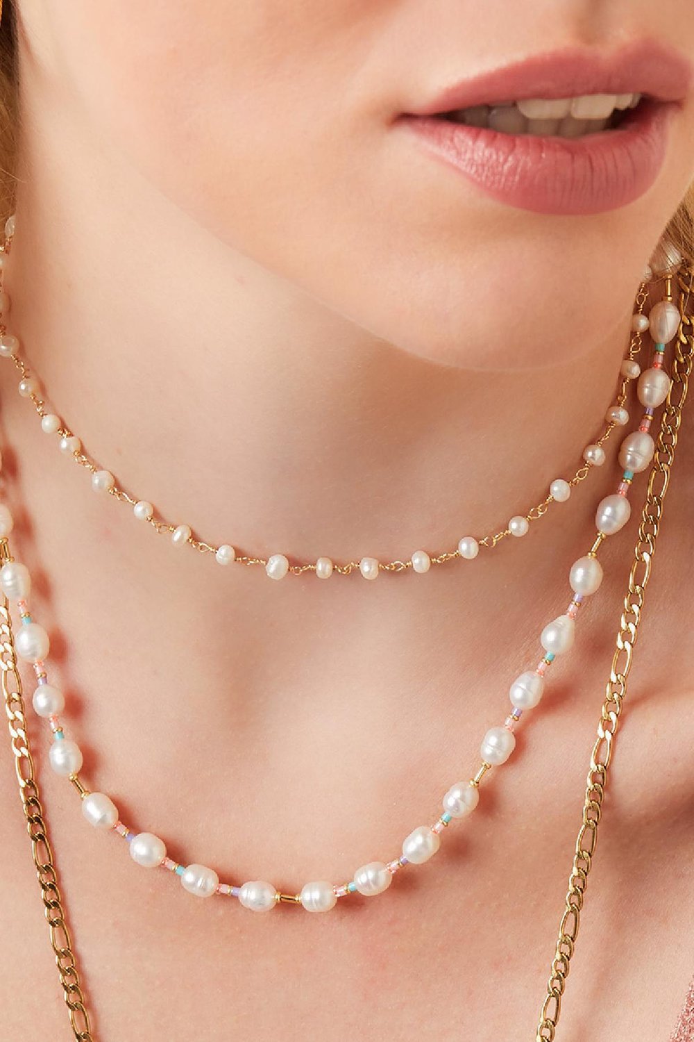 Edelstahlkette mit Perlen Goldfarbe Perlmutt Bild3