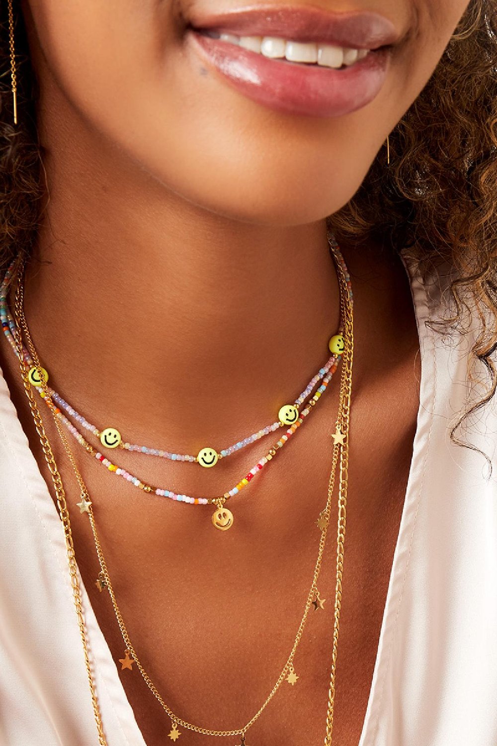 Bunte Perlenkette mit Smiley Goldfarbe Edelstahl Bild3