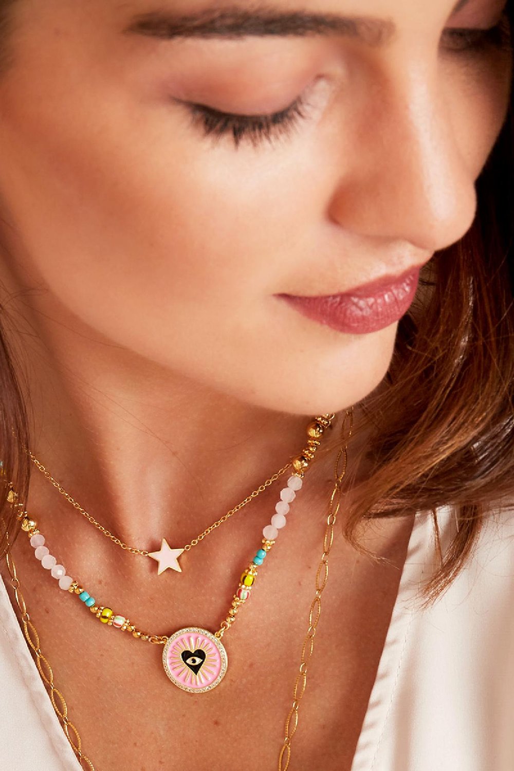 Bunte Perlenkette mit Herzaugenamulett Multi Kupfer Bild2