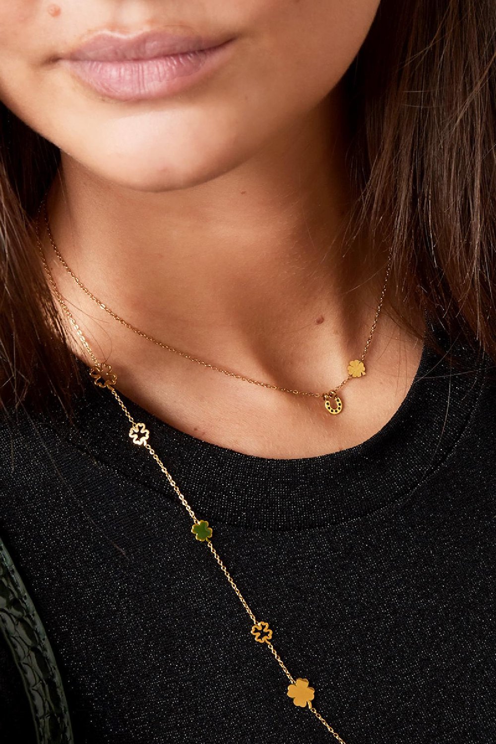 Halskette mit Hufeisen und Klee Goldfarbe Edelstahl Bild2