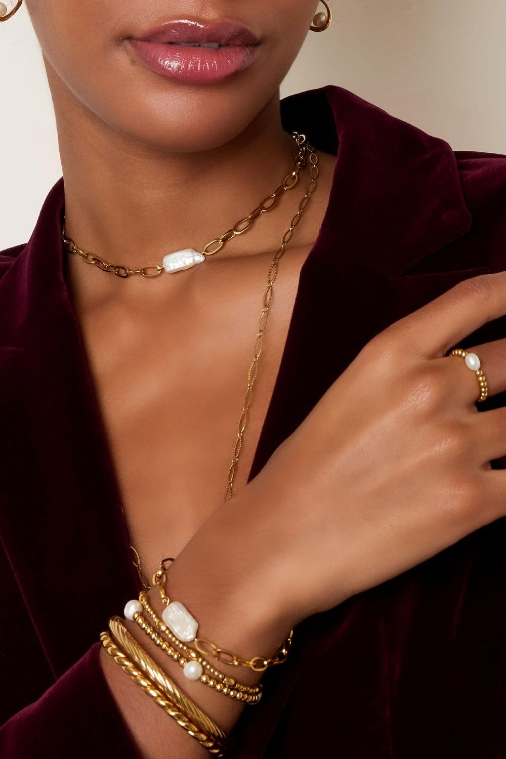 Necklace small chain with a pearl Gold Color Stainless Steel Picture4
