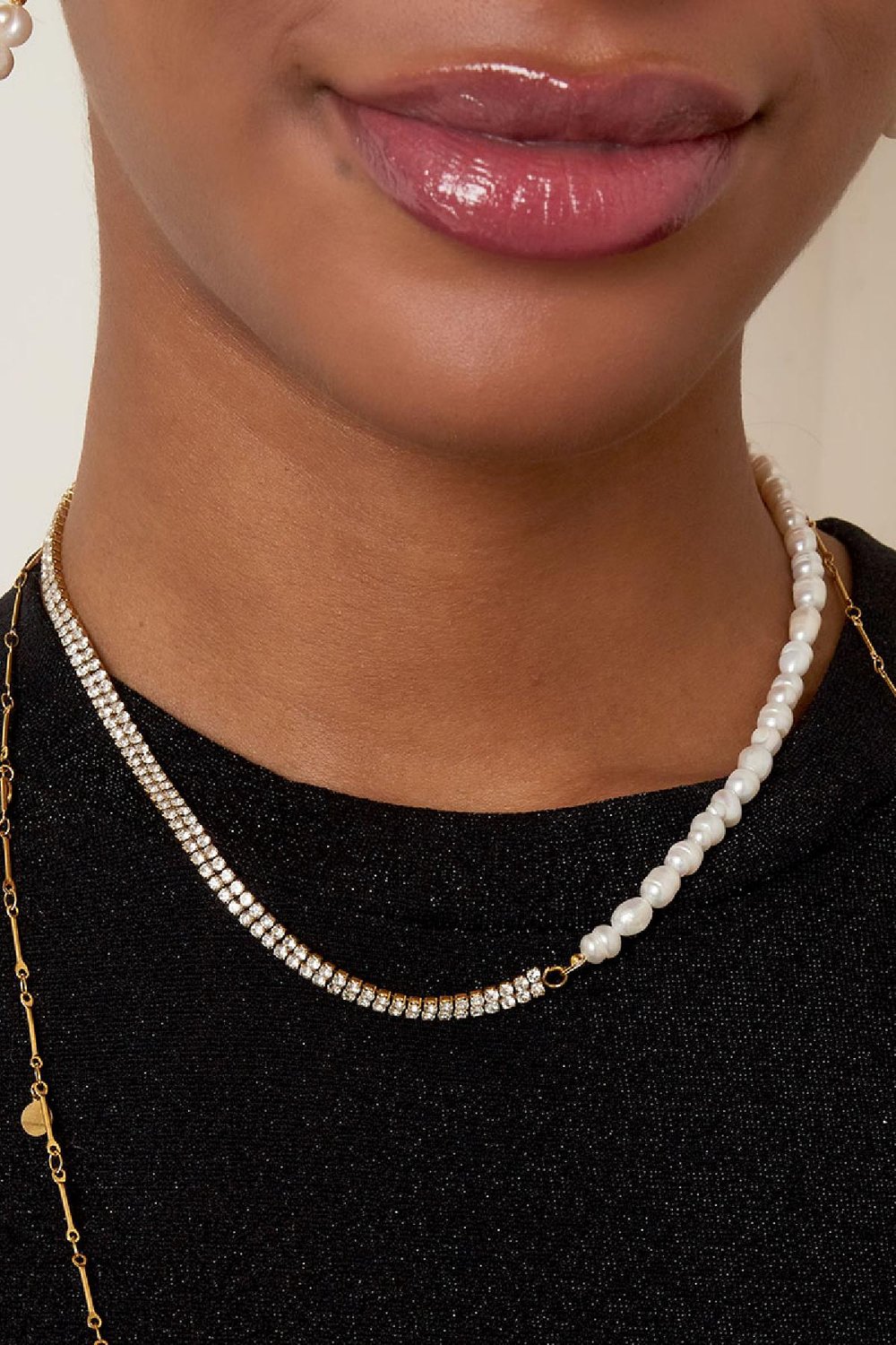 Halskette eine Seite Perlen Goldfarbe Edelstahl Bild3