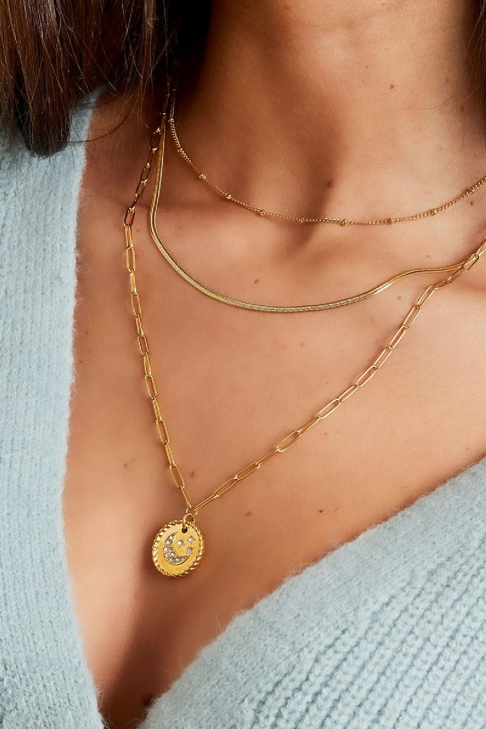 Geschichtete Halskette mit Mond Silber Edelstahl Bild5