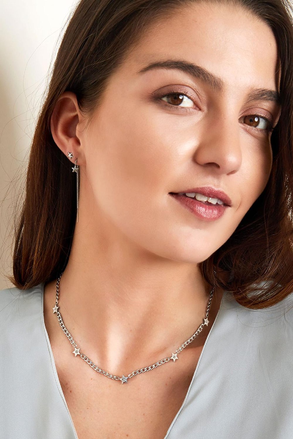 Halskette aus Edelstahl mit glänzenden Sternen Silber Bild2