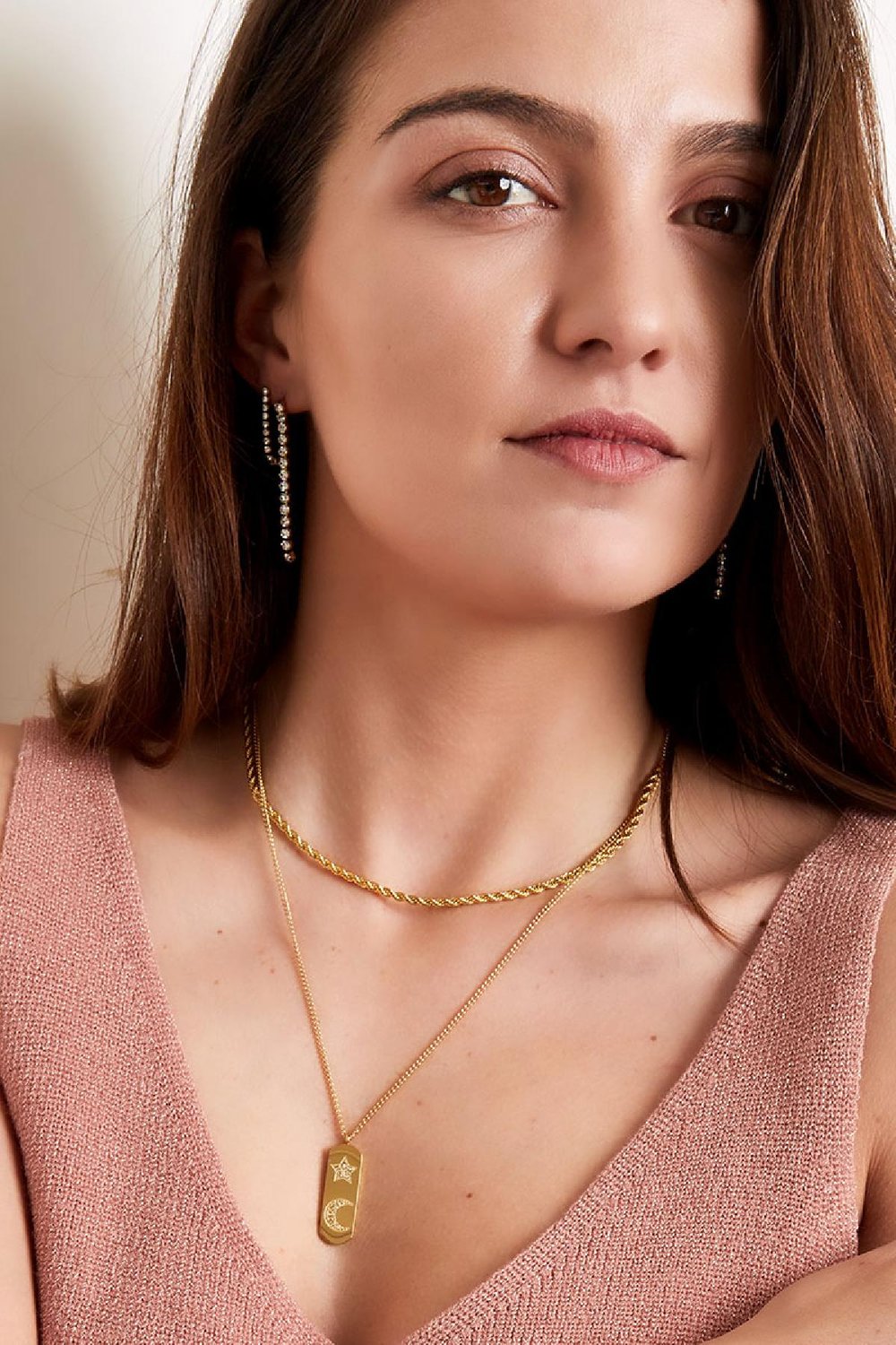 Halskette Doppelkette Stern & Mond Goldfarbe Edelstahl Bild3