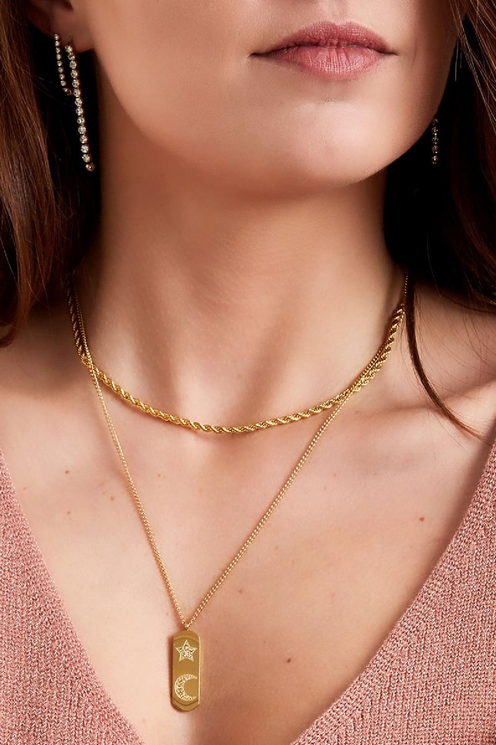 Halskette Doppelkette Stern & Mond Goldfarbe Edelstahl Bild4