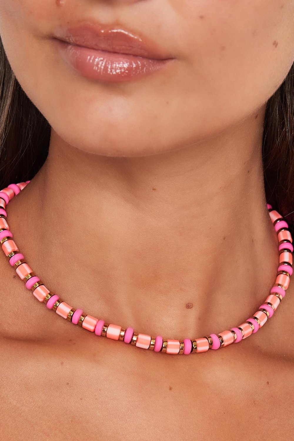 Collana colorata con perline grandi Pink & Gold polymer clay Immagine3
