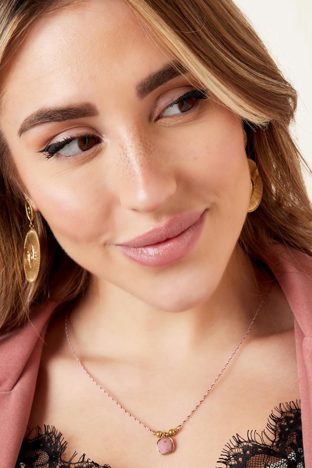 Collier avec breloque grosse pierre Rose & Couleur or Stone Image2