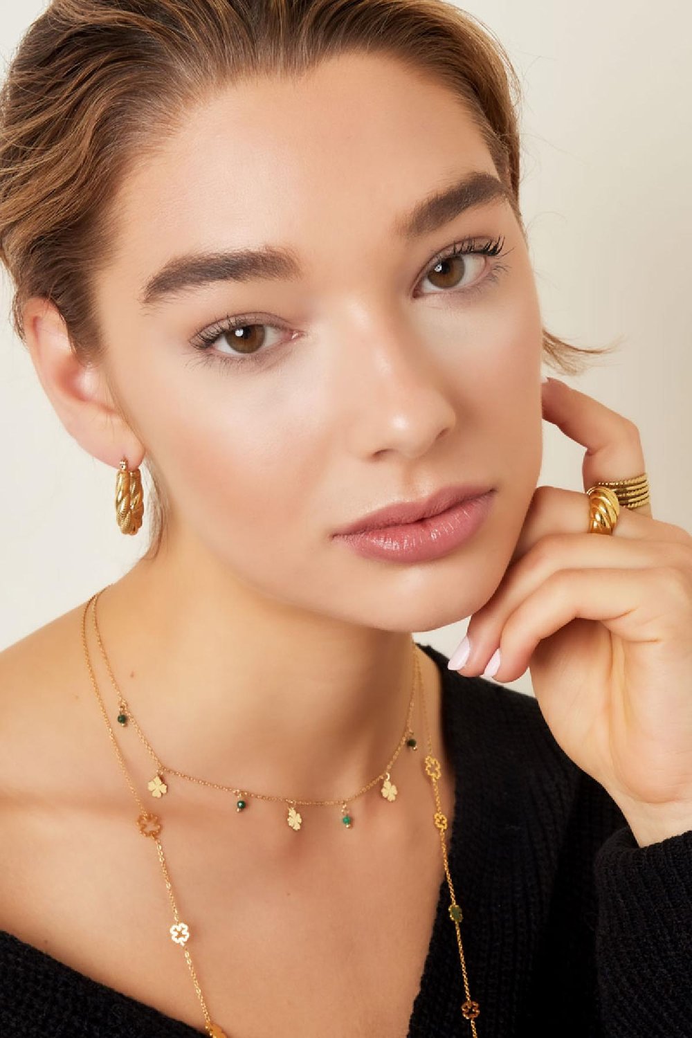 Necklace four-leaf clovers & stones Gold Color Stainless Steel Picture2
