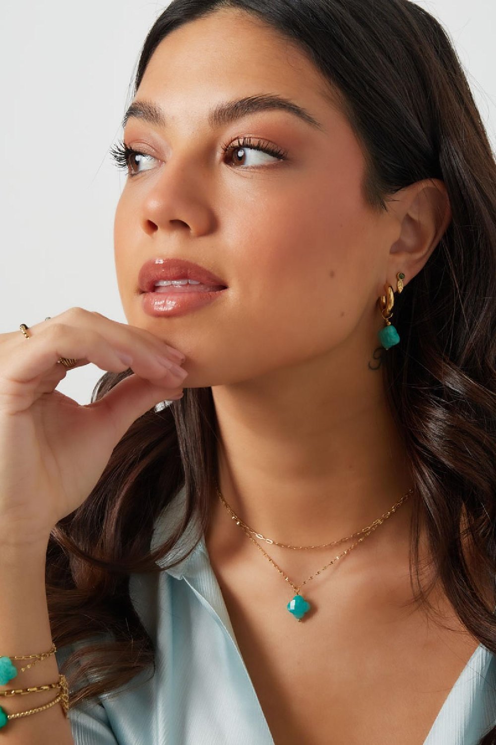 Double necklace with clover pendant - Natural stones collection Green & Gold Color Stainless Steel Picture2