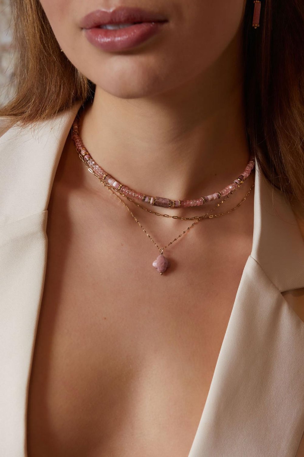 Double necklace with clover pendant - Natural stones collection Green & Gold Color Stainless Steel Picture3