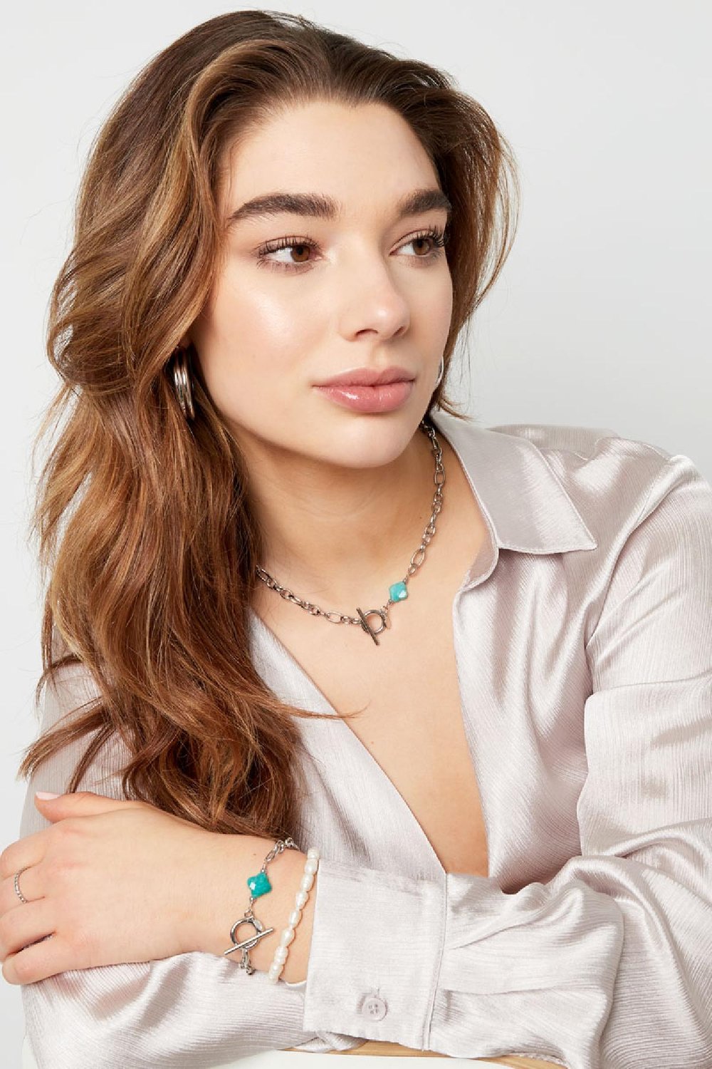 Link chain with clover stone - Natural stone collection Green & Gold Color Stainless Steel Picture4