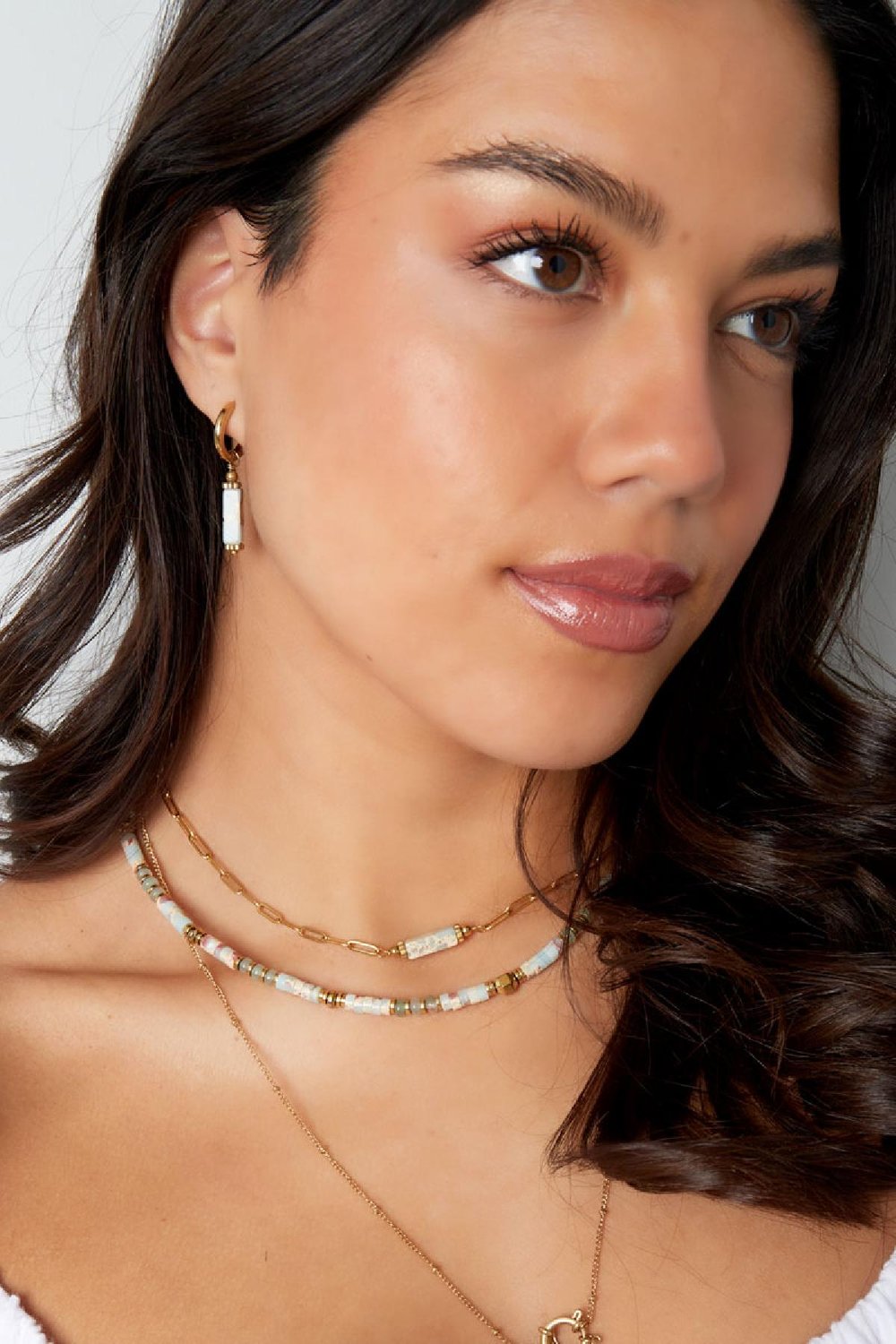 Chaîne à maillons avec pendentif pierre - Collection pierres naturelles Rose & Couleur or Acier inoxydable Image2