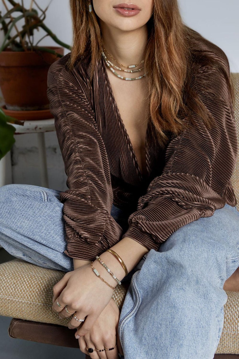 Chaîne à maillons avec pendentif pierre - Collection pierres naturelles Rose & Couleur or Acier inoxydable Image4