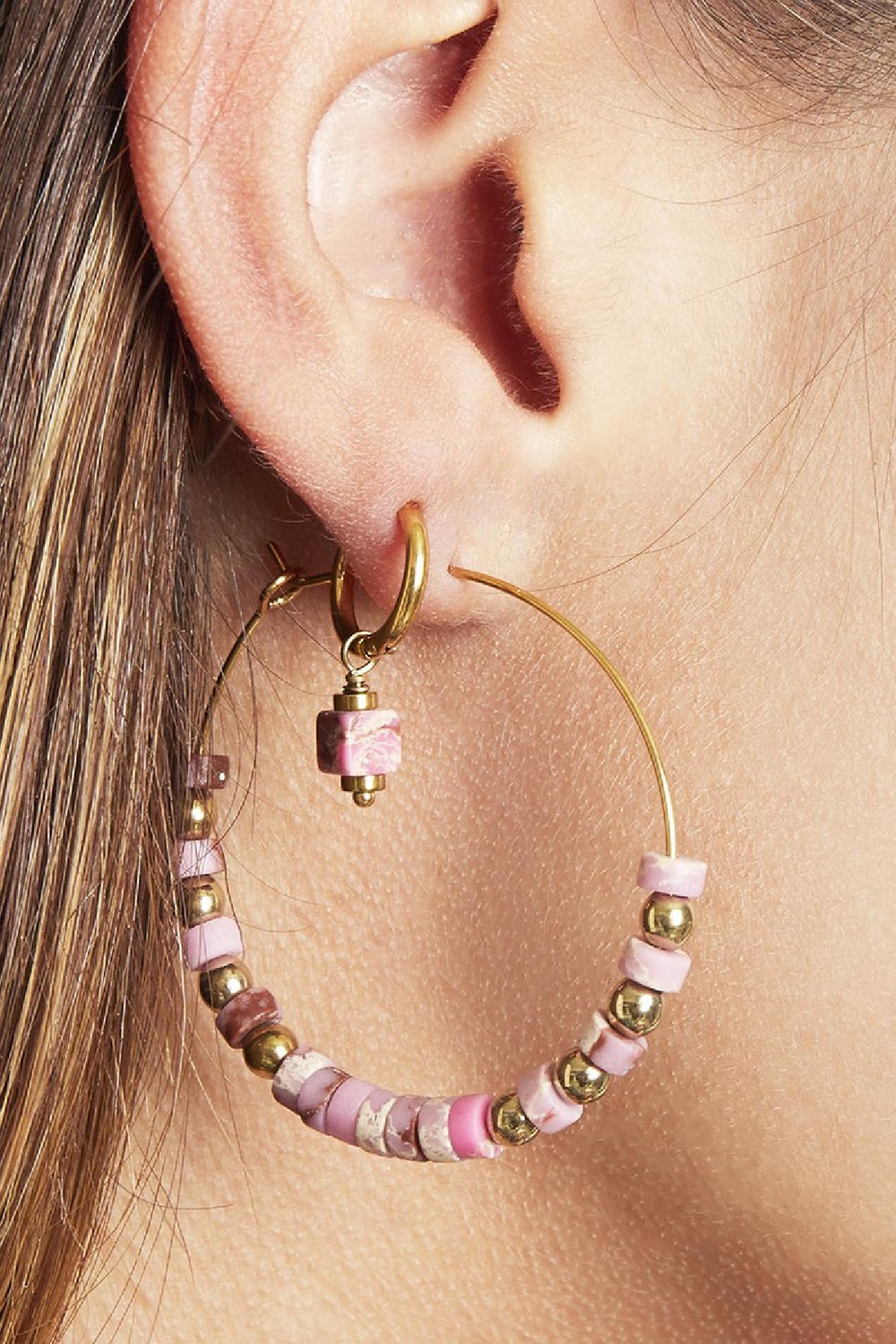 Earrings Beaded Hoops Gold Color Green Stainless Steel Picture2