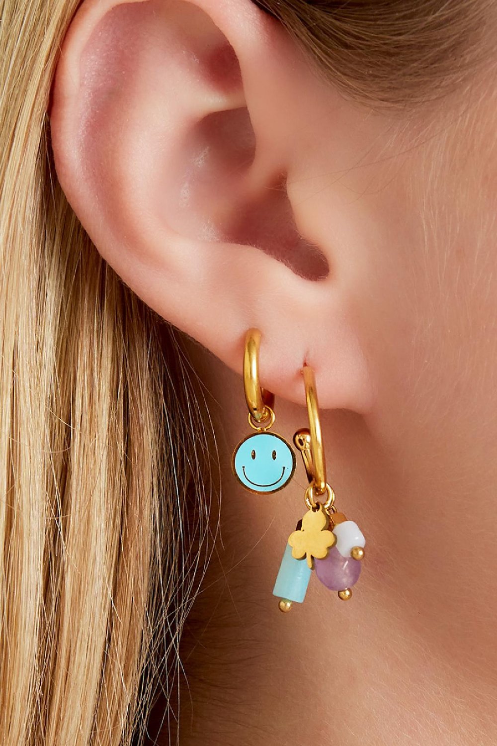 Boucles d'oreilles charms trèfle et pierres Rose Acier inoxydable Image3