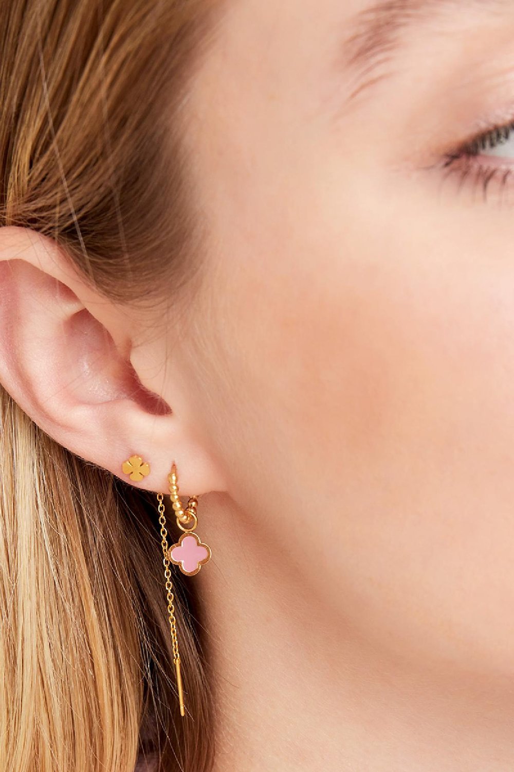 boucles d'oreilles dorées en acier inoxydable trèfle coloré rose & couleur or Image2