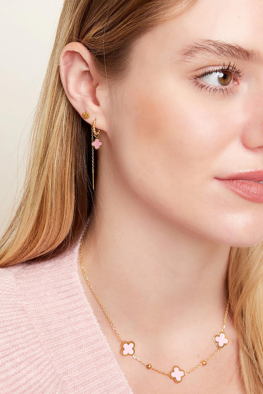 boucles d'oreilles dorées en acier inoxydable trèfle coloré rose & couleur or Image3