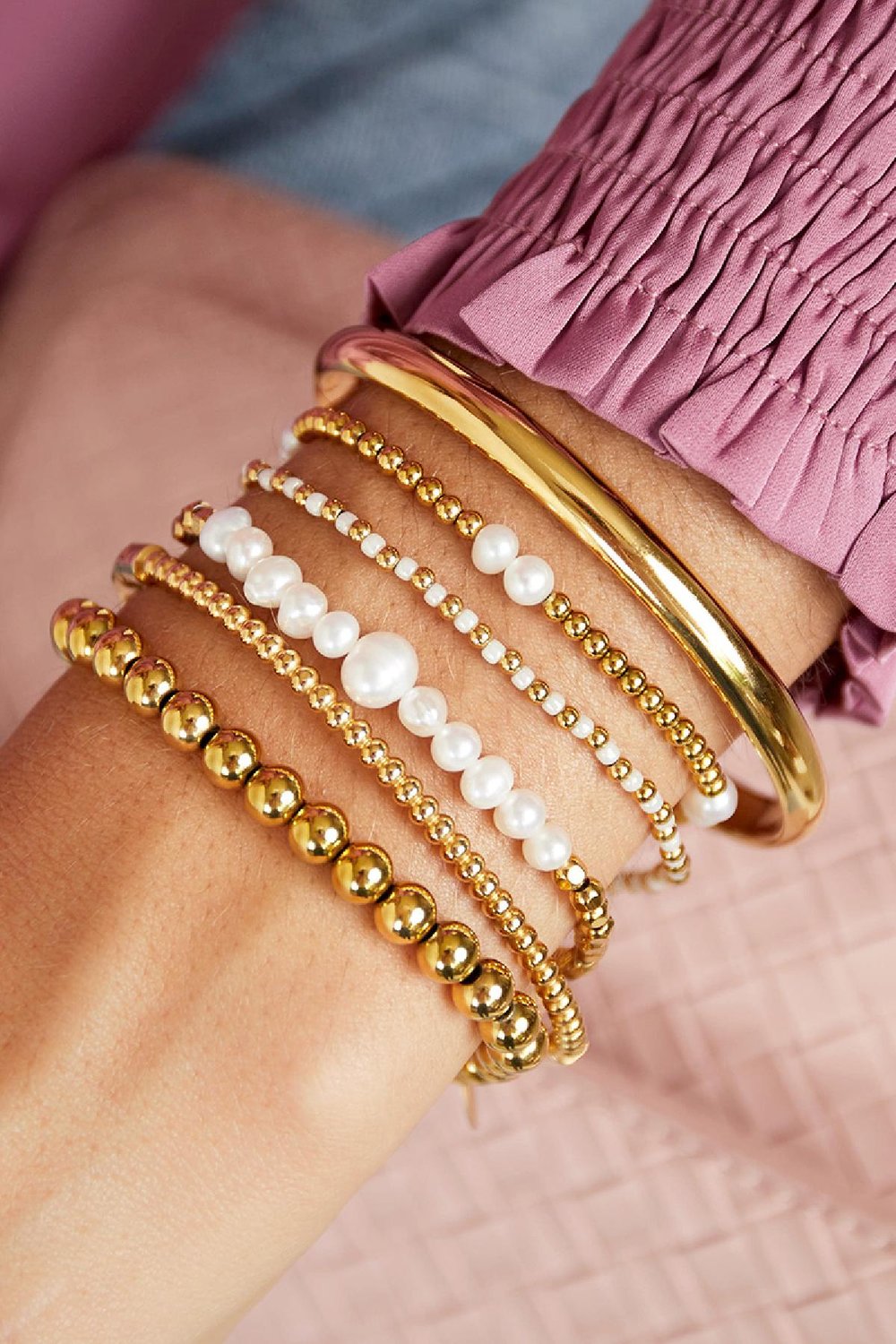 Beaded bracelet Gold Color white Stainless Steel Picture2