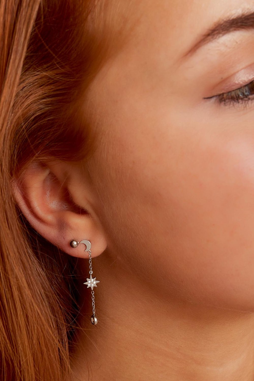 Assymetric Earring Set Moon & Star Silver Color Stainless Steel Picture3