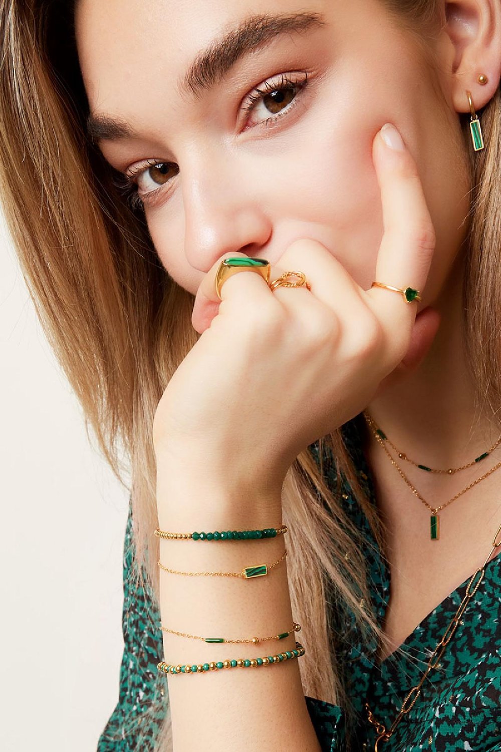 Pulsera mármol barra verde Color dorado Acero inoxidable Imagen3