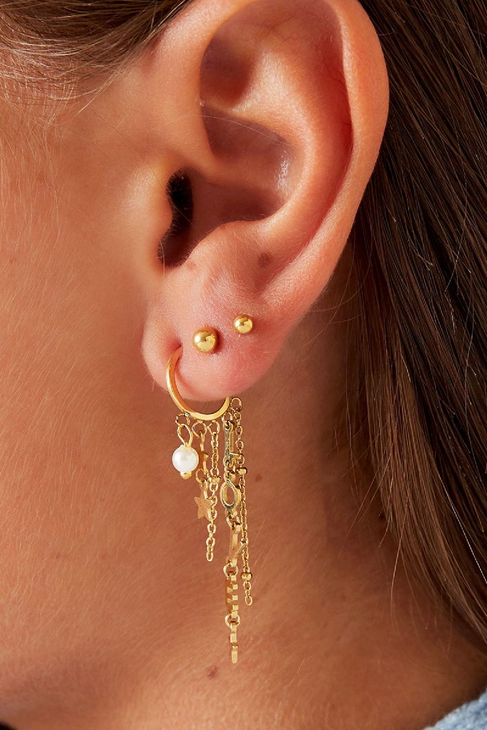 Shooting Stars and Pearl Earrings Gold Color Stainless Steel Picture2