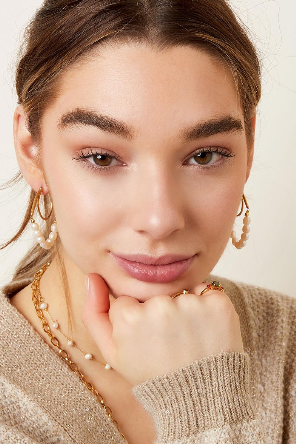 Ohrringe rund mit Perlen Goldfarbe Edelstahl Bild2