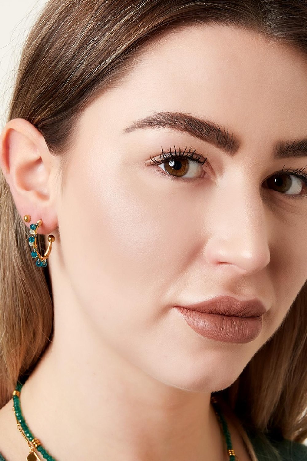 Stainless steel earrings halfround hoop with beads Pink Picture3