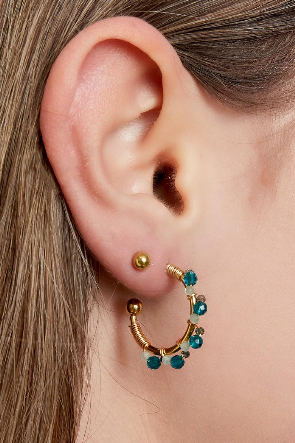 Stainless steel earrings halfround hoop with beads Pink Picture2