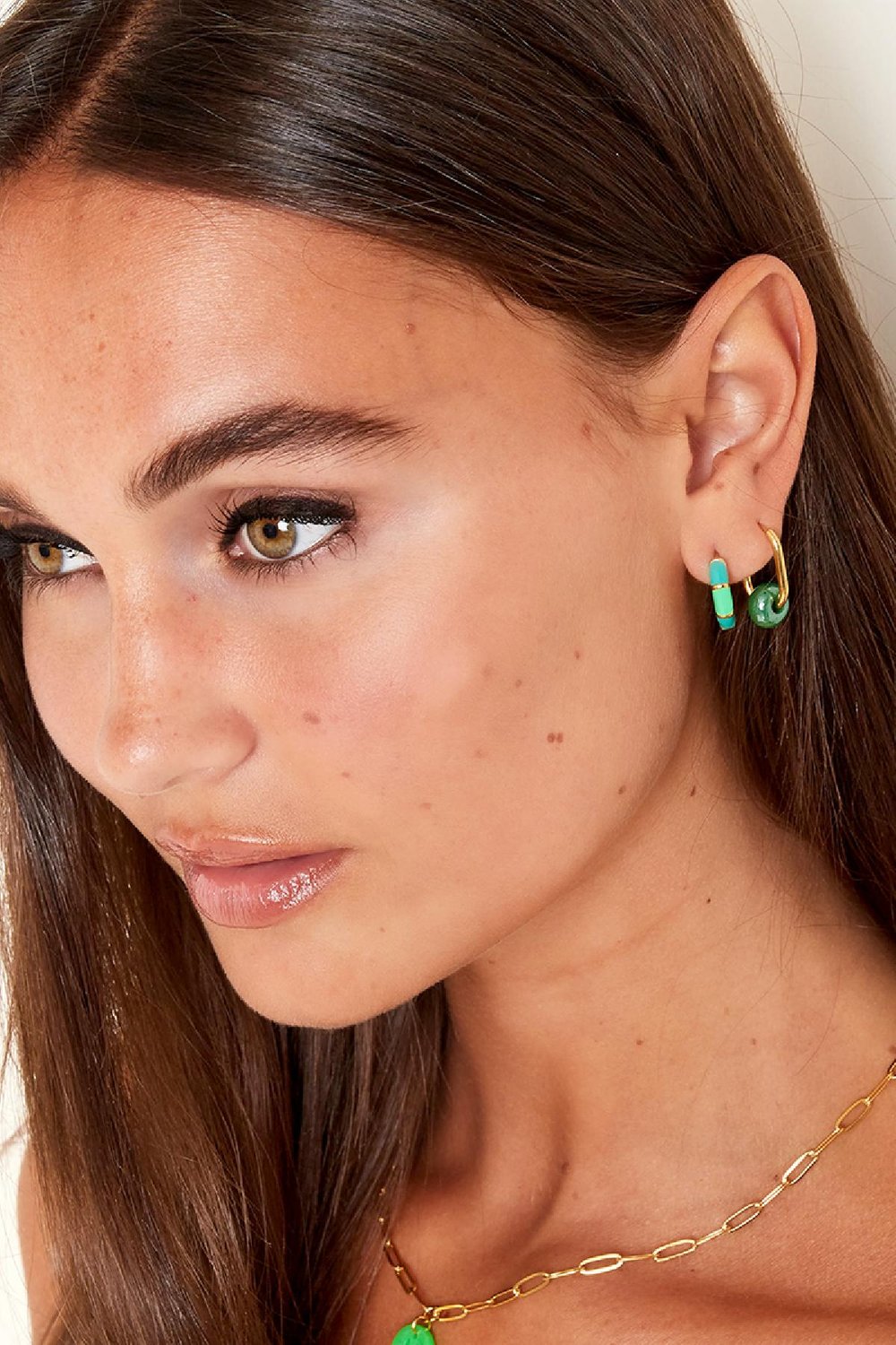 Quadratische Ohrringe mit großer Perle Grün & Goldfarbe Edelstahl Bild2