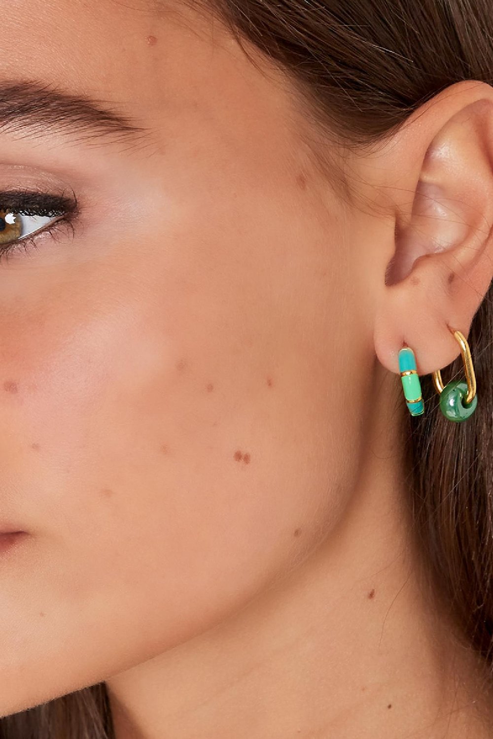 Quadratische Ohrringe mit großer Perle Grün & Goldfarbe Edelstahl Bild3