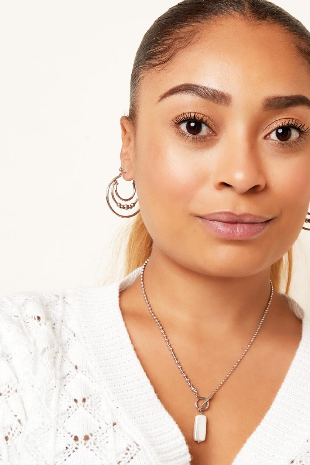 Double chained earrings decorated with beads Gold Color Stainless Steel Picture2