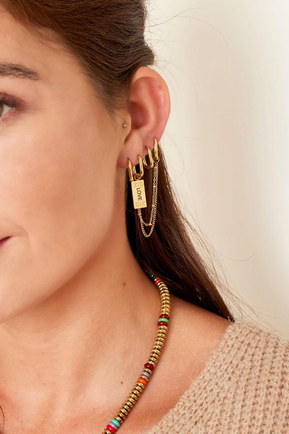 Earrings with chain and love charm Gold Color Stainless Steel Picture2