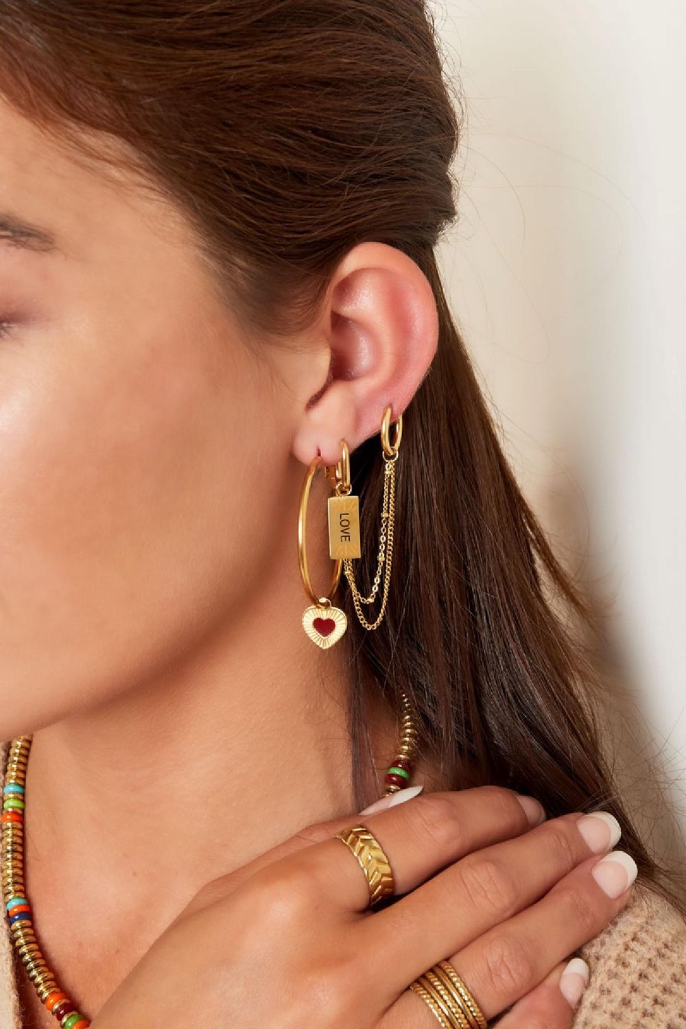 Earrings with chain and love charm Gold Color Stainless Steel Picture4