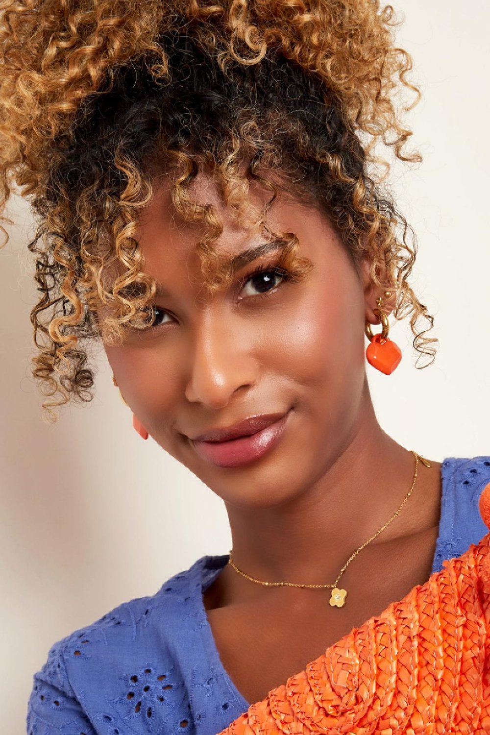 Earrings with abstract shaped heart charm Orange & Gold Color Stainless Steel Picture2