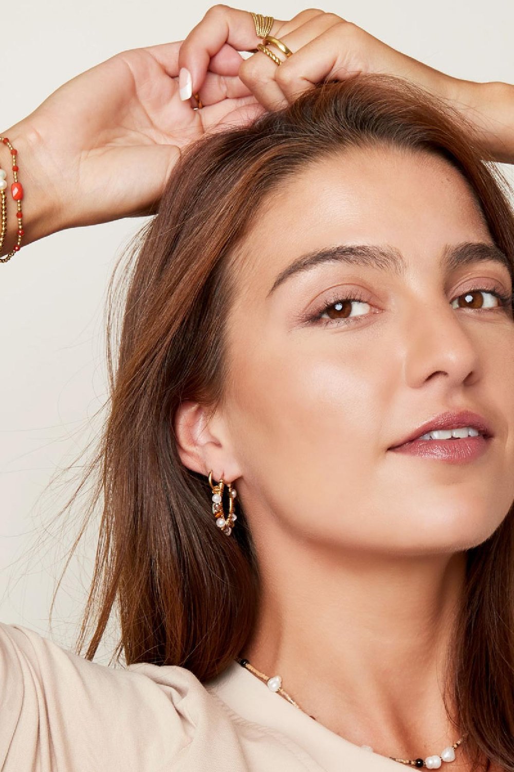 Bracelet perlé avec pierre carrée de couleur - Collection pierres naturelles Couleur orange & Couleur or Stone Image2