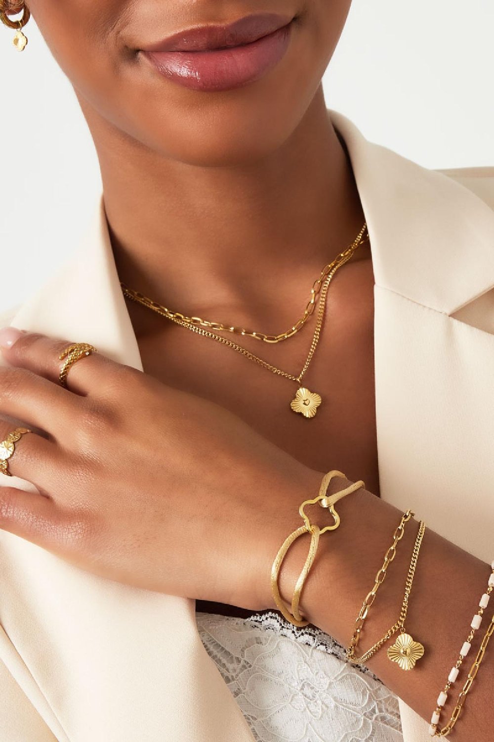 Bracciale a due strati con fiore Silver Color Stainless Steel h5Immagine2