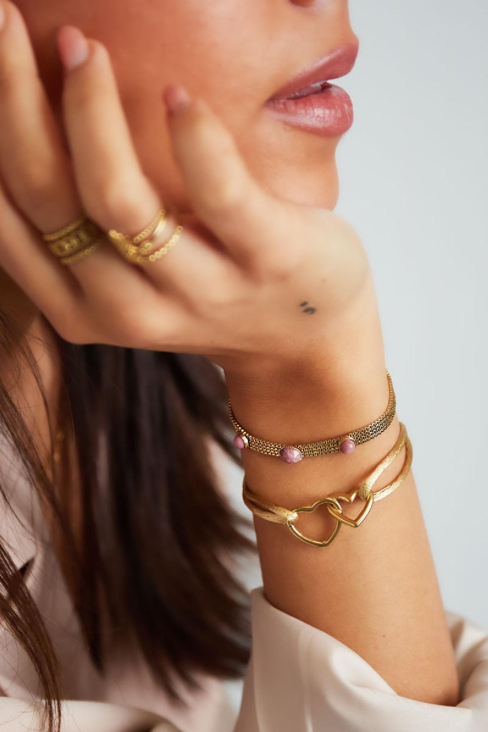 Fabric bracelet hearts Pink & Gold Color Stainless Steel h5Picture2