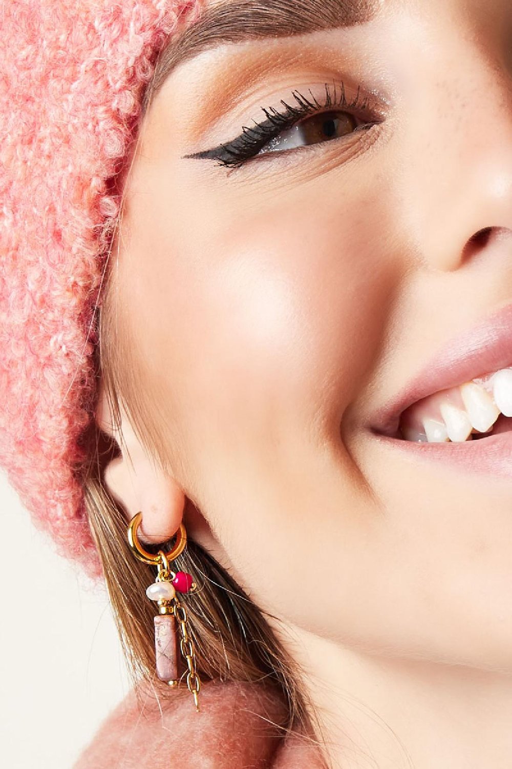 Earrings rectangular stone and beads Pink & Gold Color Stainless Steel h5Picture2