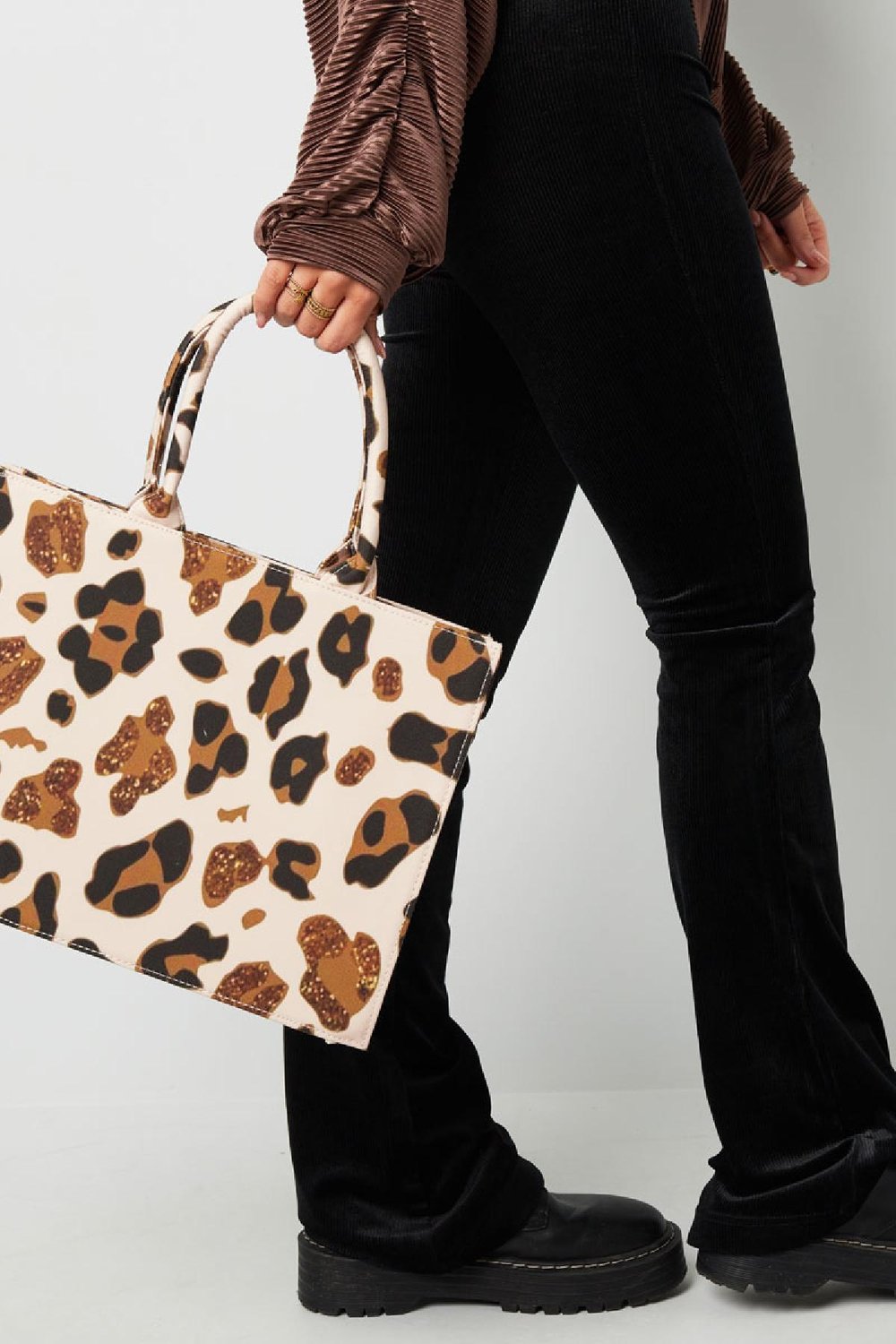Mittelgroße Tragetasche mit Tierdruck Schwarz & Beige Polyester Bild3
