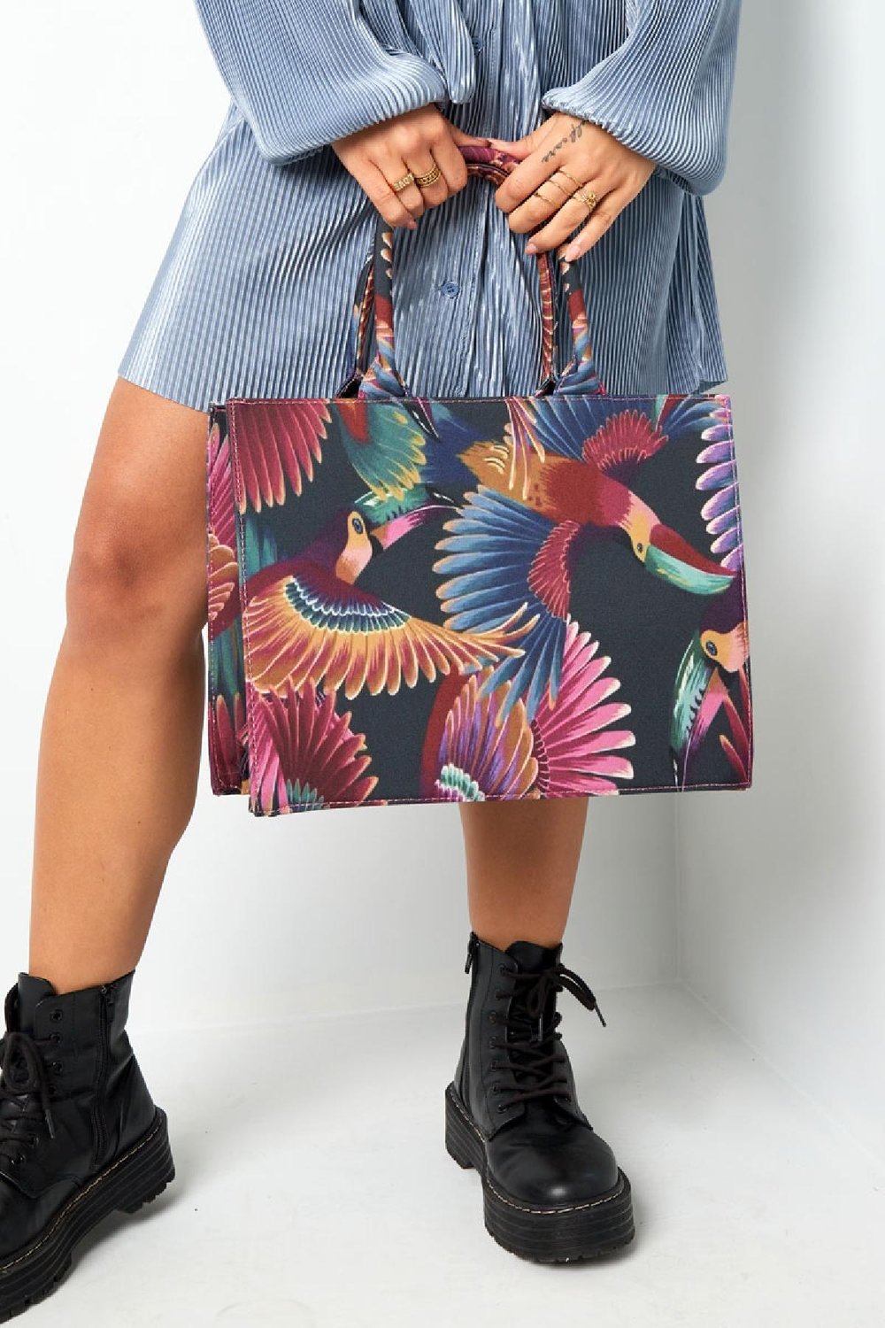 Shopper vogelprint medium Zwart Multi Polyester Afbeelding2