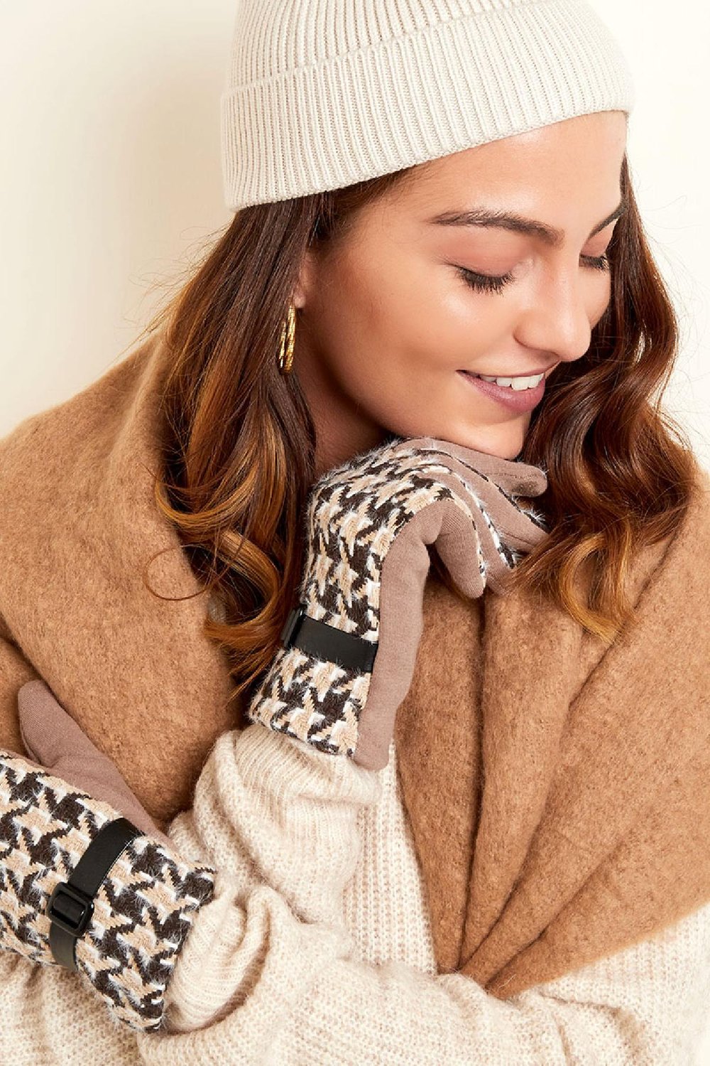 Houndstooth-handschoenen Beige Polyester One size Afbeelding2