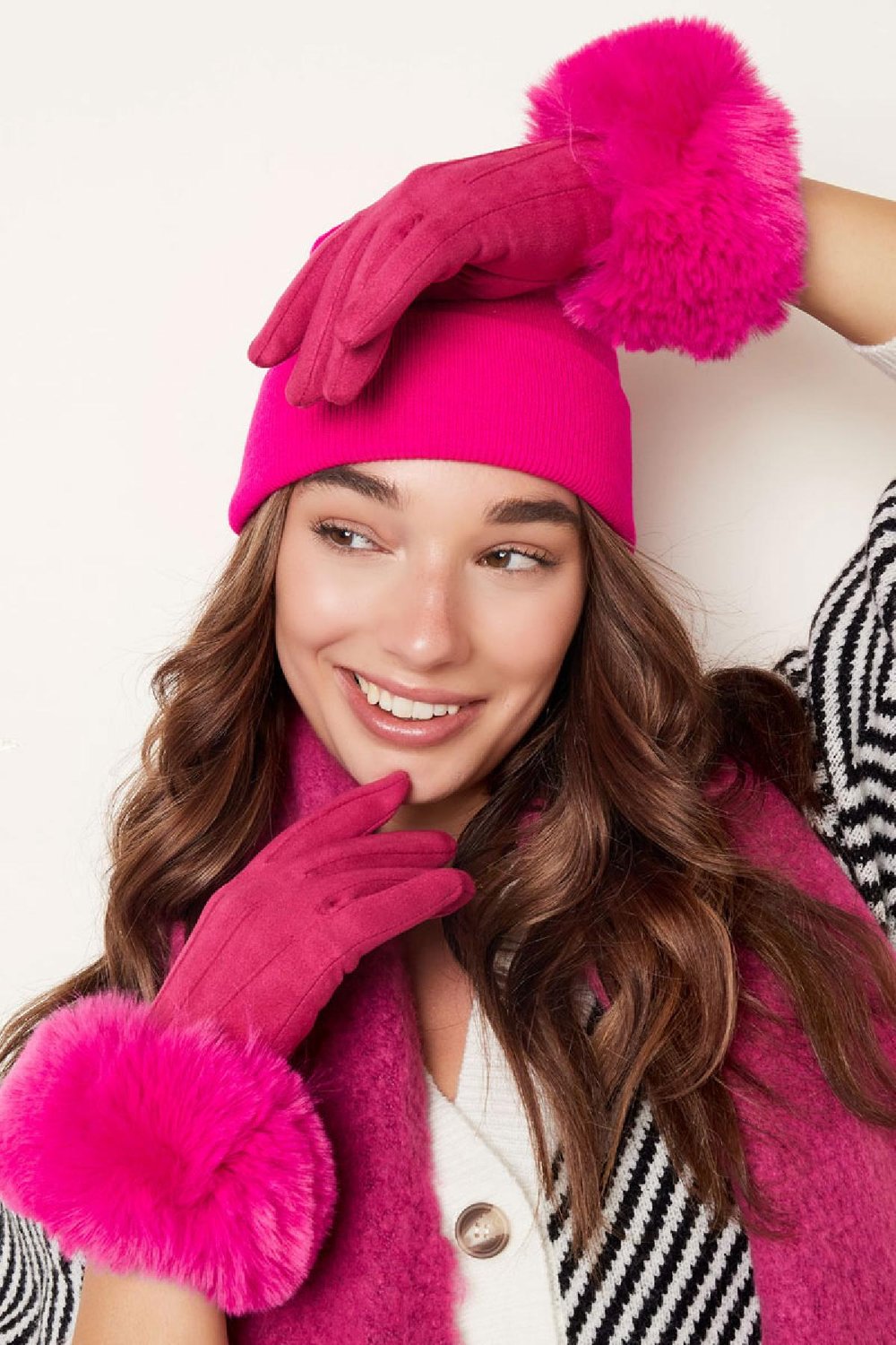 Gloves faux fur with suede look Camel Polyester One size Picture2