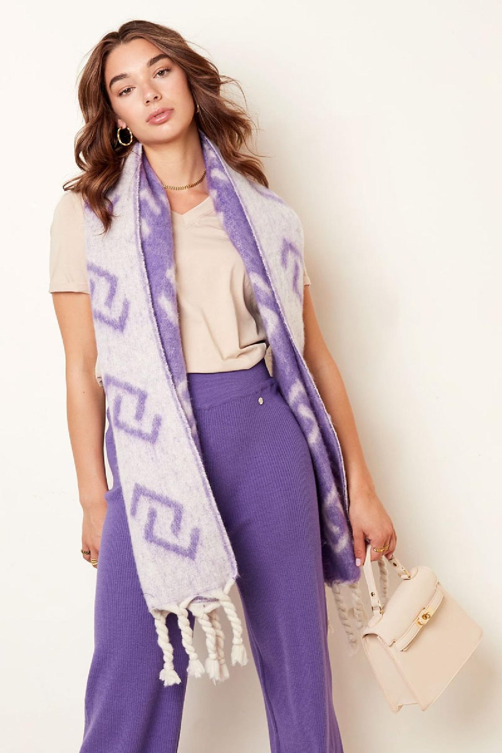 Winter scarf with fringes and link pattern Green Polyester Picture3