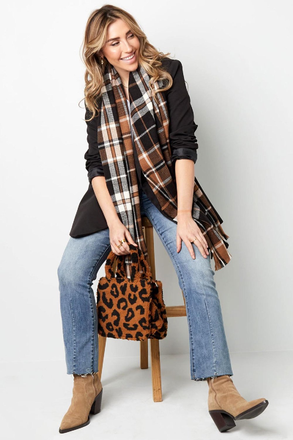 Écharpe à carreaux Noir & Beige Acrylique Image3