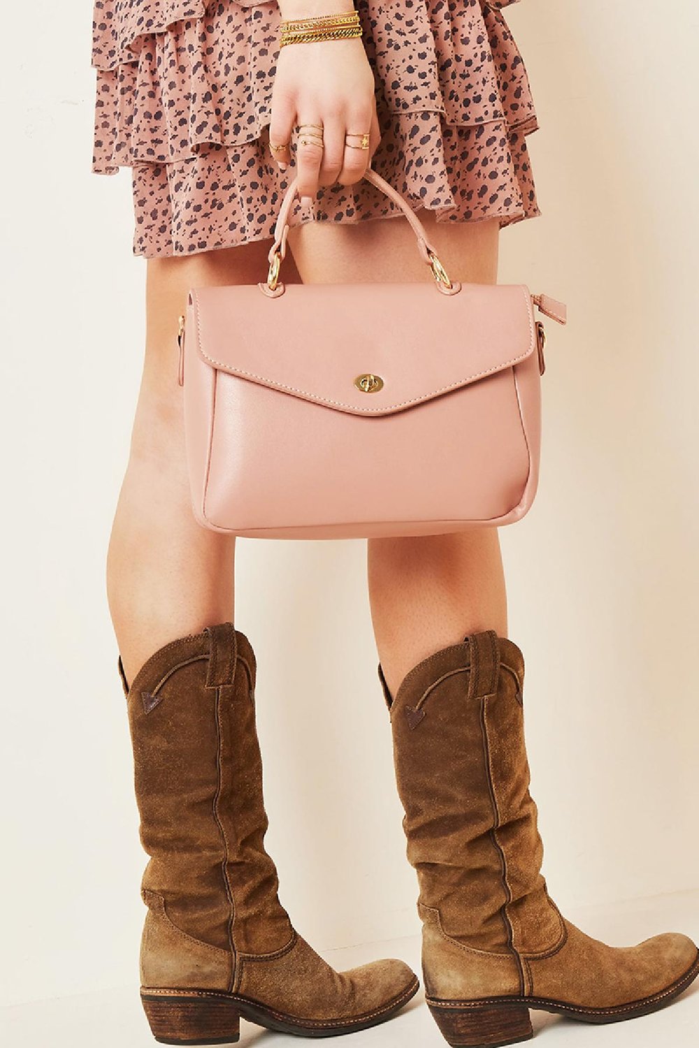 Tas van PU-imitatieleer met handvat en schouderband en metalen details Roze PU Afbeelding4